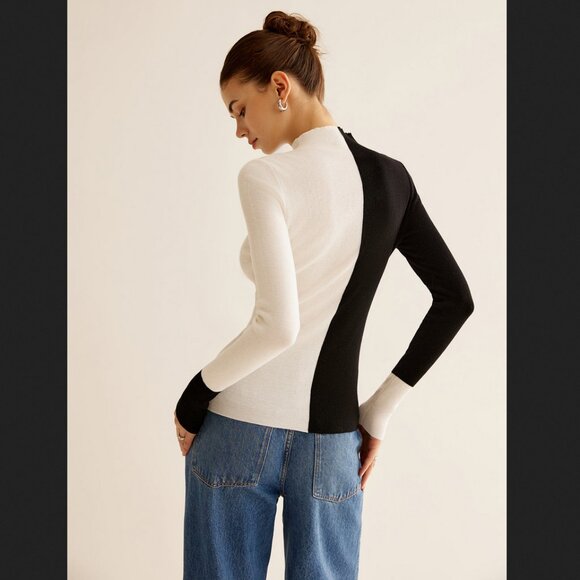 Commense Medium Black White Colorblock Knit Long Sleeve Sweater Minimalist - Picture 2 of 2